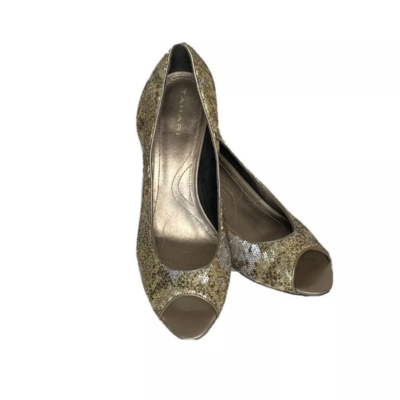 4/$35 Tahari Gold Silver Sequin Peep Toe Marie - Picture 1 of 8